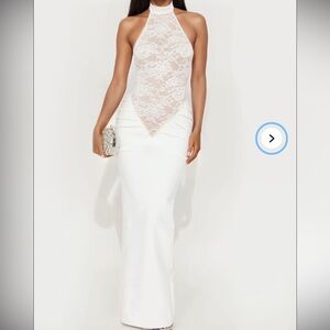 Fashion Nova Sabrina Lace Bandage Elegant White Lace Bodice Satin Column Gown